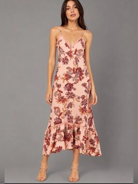 NWT MISA Los Angeles Womens M Floral Print Negin Ruffle Maxi Dress Pink